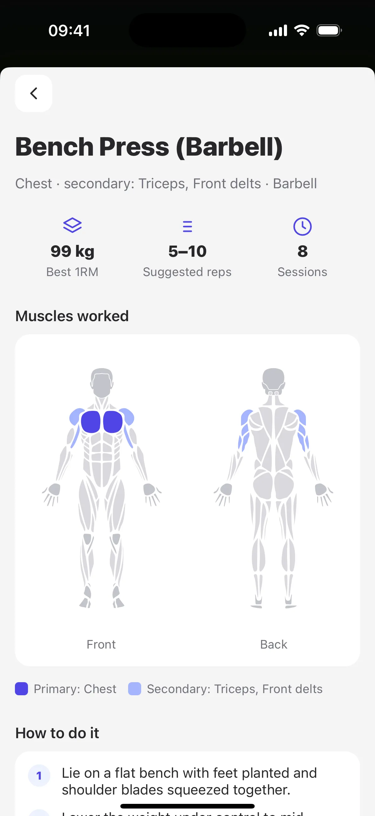Exercise detail and muscles worked